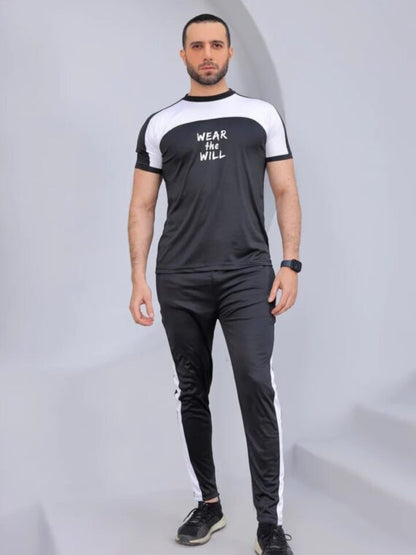 Black & White Printed Dry Fit Tracksuit For Men